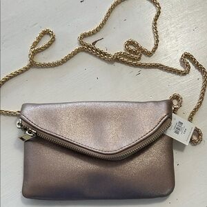 Francesca’s Accessories champagne crossbody/clutch purse w/gold chain strap, NEW